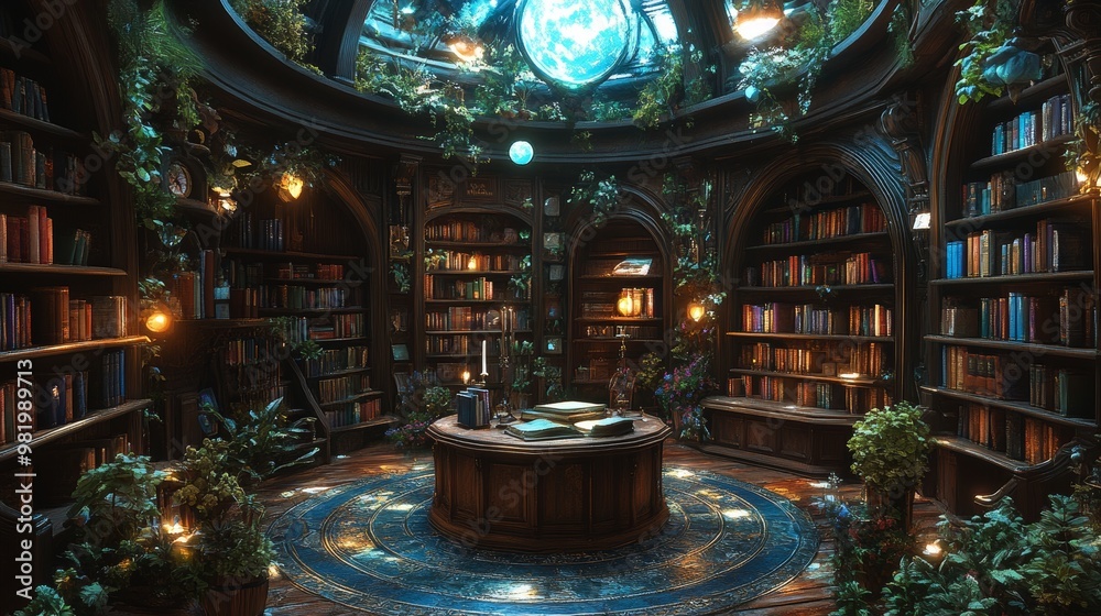 Obraz premium Hidden magical library, circular layout with enchanted plants growing between bookshelves, glowing orbs above a central reading table