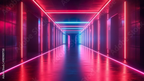 Bright neon lit hallway with sleek minimalist design and bold vibrant color accents for a contemporary feel.