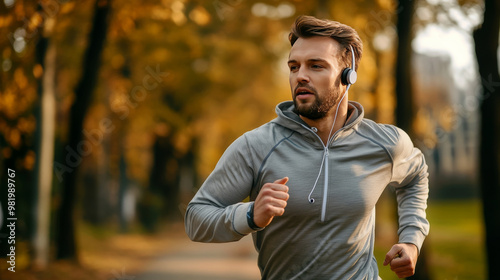 A determined male athlete sprints down a scenic path, earbuds nestled comfortably in his ears, fueling his motivation with energizing music or an inspiring podcast. His focused expression reflects.