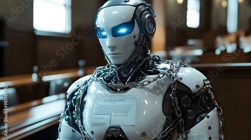 A futuristic humanoid robot encased in legal document chains, standing motionless in a dimly lit courtroom, the weight of law heavy on its shoulders photo