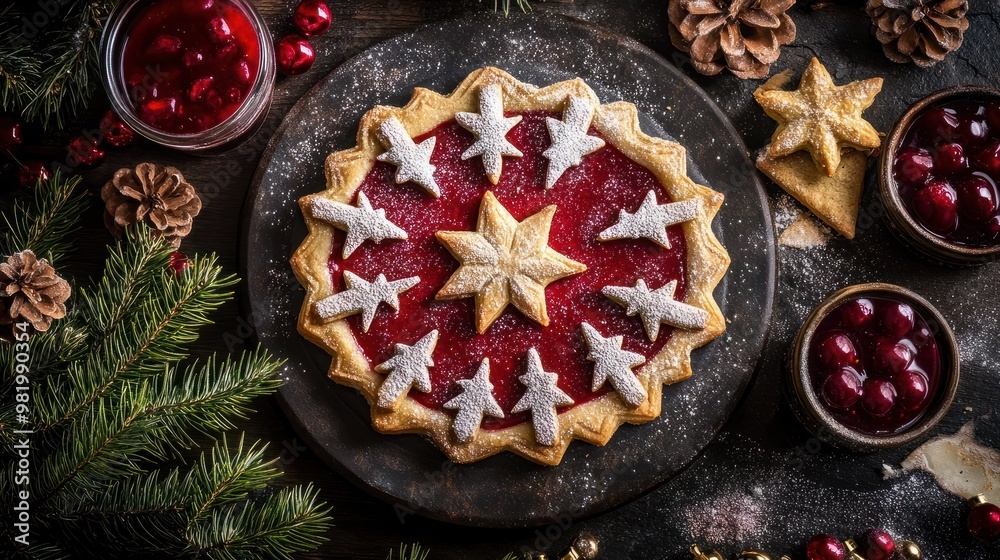 Traditionelle Linzer-Plätzchen (Hildabrötchen) mit Sternform, gebacken mit Himbeermarmelade und mit Puderzucker bestreut. Weihnachtliche Dekoration. Ansicht von oben. Traditionelle Linzer-Plätzchen (Hildabrötchen) mit Sternform, gebacken mit Himbeermarmelade und mit Puderzucker bestreut. Weihnachtliche Dekoration. Ansicht von oben.