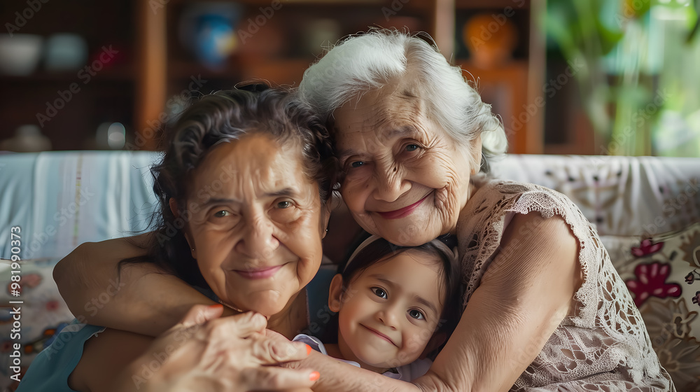 Grandmother, mom, and child hugging in a portrait for Mother�s Day on a house sofa as a happy family in Colombia Grandmother, mom, and child hugging in a portrait for Mother�s Day on a house sofa as a happy family in Colombia