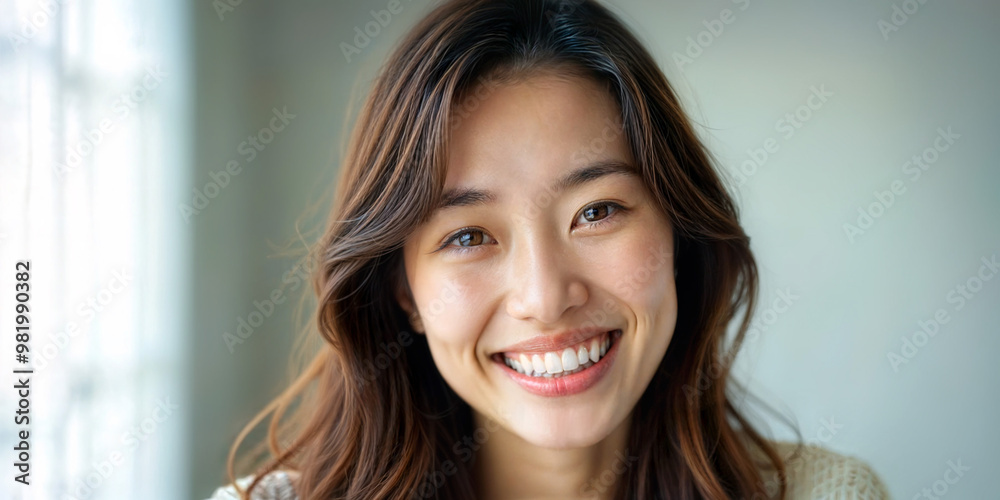 Close-up of toothy smiling young asian woman. Skin care, plastic surgery, healthy white teeth, dental care. Dentistry concept.
