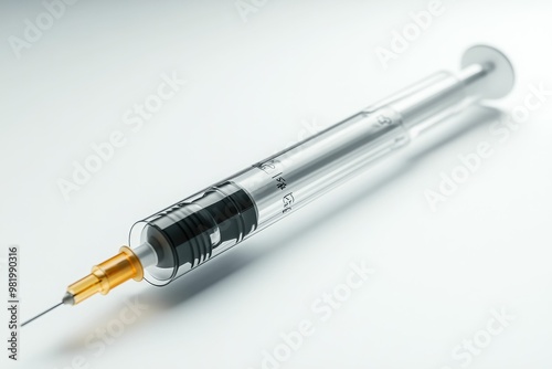 A syringe with a needle, used for injections or vaccinations.