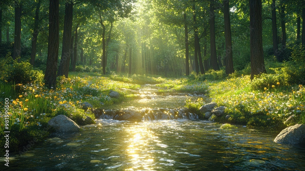 A serene forest scene with sunlight and a flowing stream. A serene forest scene with sunlight and a flowing stream.
