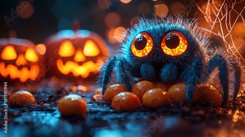 Cute Halloween Spider with Candy and Pumpkins