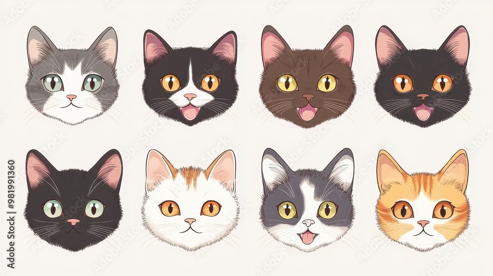 A set of cat faces with different colors and expressions A set of cat faces with different colors and expressions