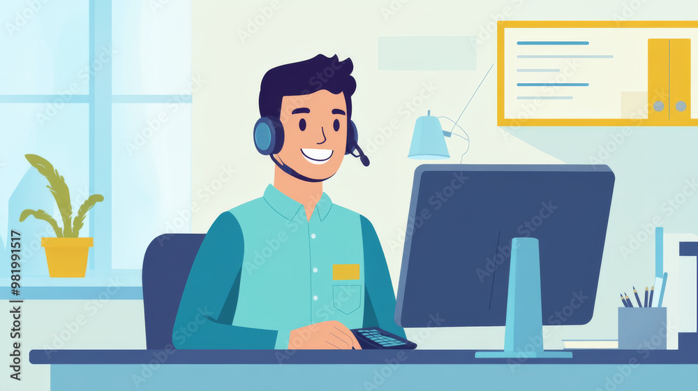 A businessman is seated at a desk in a bustling office, engaged in a phone conversation while working on a computer. With a friendly smile, he provides web support and communicates effectively.