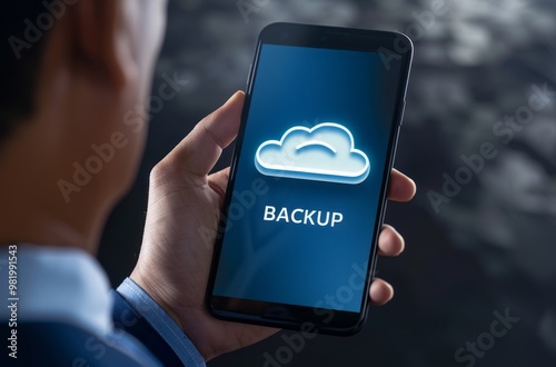 A businessman holds a smartphone with a cloud storage icon and text BACKUP on the screen