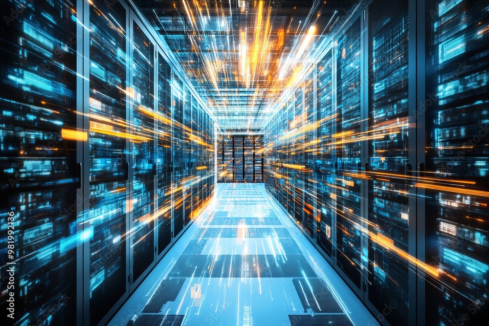 Data Center Storage With Information Data Traveling as Blue and Orange Lights, Cloud Computing Data Center Storage With Information Data Traveling as Blue and Orange Lights, Cloud Computing