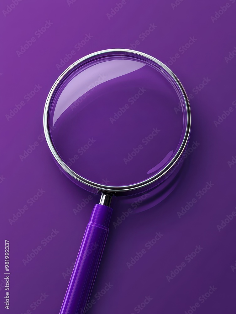 A purple magnifying glass is on a purple background A purple magnifying glass is on a purple background