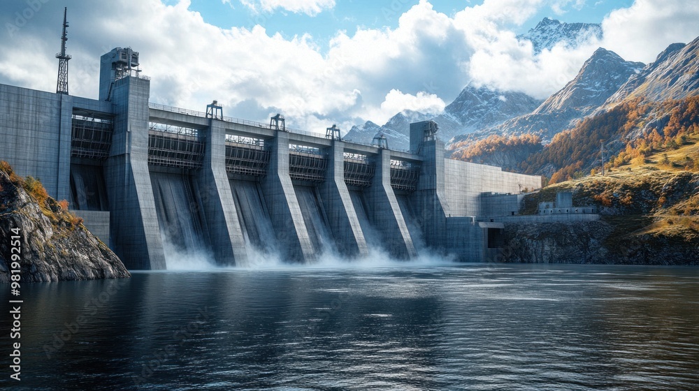 A modern hydroelectric dam with sleek architecture, where powerful water currents drive massive turbines. Engineers monitor energy output from control rooms on the dam's surface. A modern hydroelectric dam with sleek architecture, where powerful water currents drive massive turbines. Engineers monitor energy output from control rooms on the dam's surface.