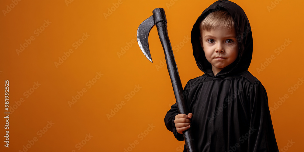 Halloween Vibes: Caucasian Child with Scythe on Solid Orange
Halloween Vibes: Caucasian Child with Scythe on Solid Orange