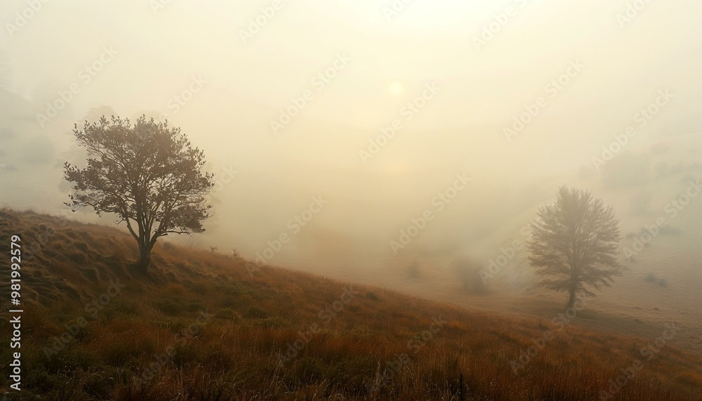 Misty Sunset Landscape with Leafless Trees Misty Sunset Landscape with Leafless Trees