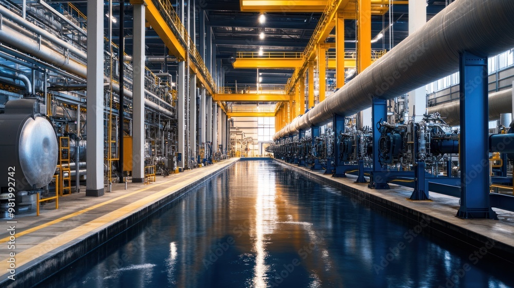 A modern industrial facility using reverse osmosis technology to treat water, with massive machines processing clean water for reuse in industrial settings. A modern industrial facility using reverse osmosis technology to treat water, with massive machines processing clean water for reuse in industrial settings.