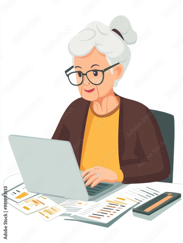 A woman is sitting at a desk with a laptop and a stack of papers A woman is sitting at a desk with a laptop and a stack of papers