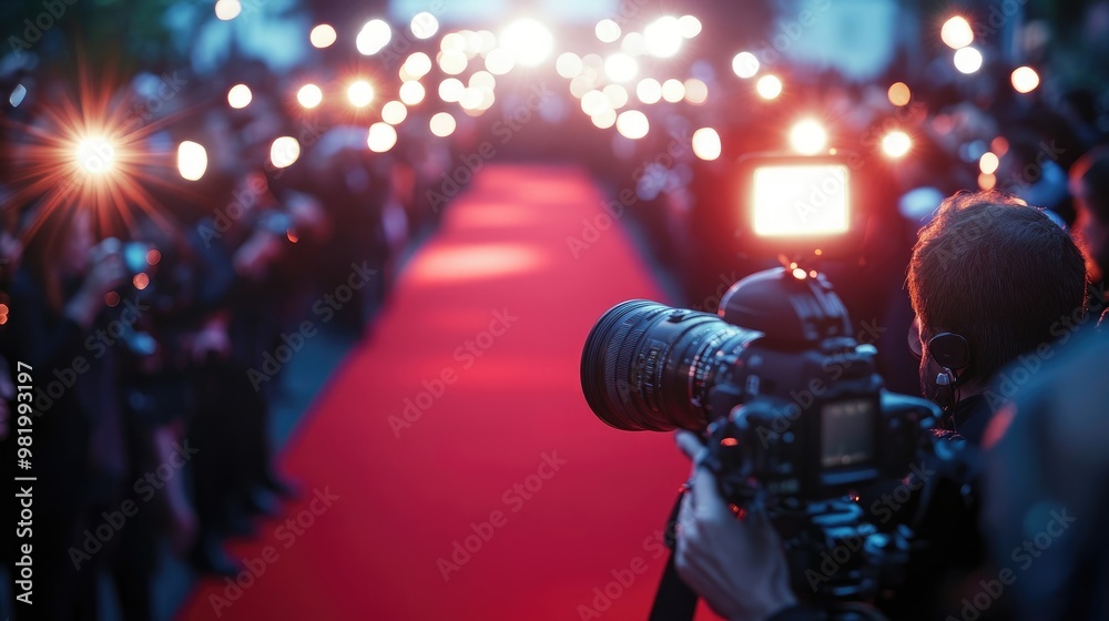 Paparazzi Taking Pictures on Red Carpet at Glamorous Awards Event with Audience Paparazzi Taking Pictures on Red Carpet at Glamorous Awards Event with Audience