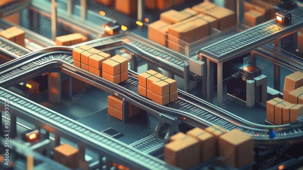 A computer generated image of a conveyor belt with boxes on it A computer generated image of a conveyor belt with boxes on it