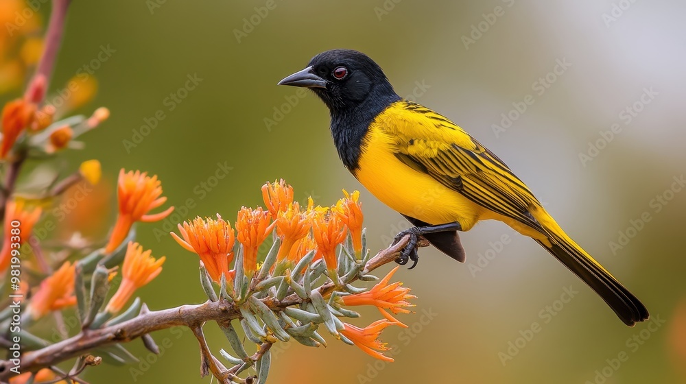 Fototapeta premium A yellow and black bird is perched on a branch of a tree