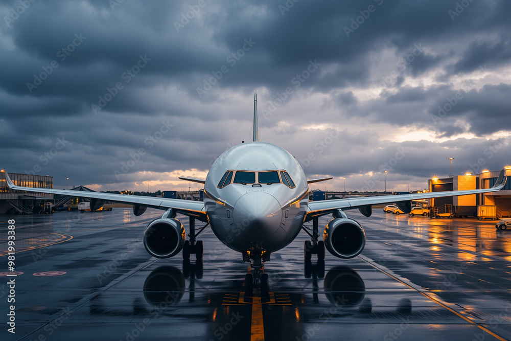 Passenger Airplane on Wet Runway at Dusk.generative AI Passenger Airplane on Wet Runway at Dusk.generative AI