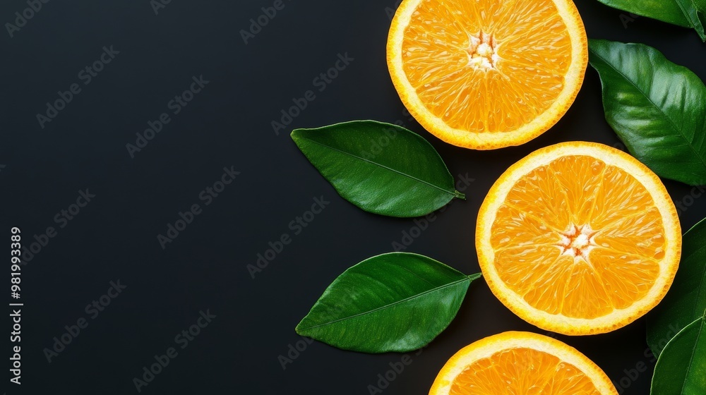 Freshly Cut Oranges with Green Leaves On Black Background, Vibrant Citrus Fruit Arrangement, Freshly Cut Oranges with Green Leaves On Black Background, Vibrant Citrus Fruit Arrangement,