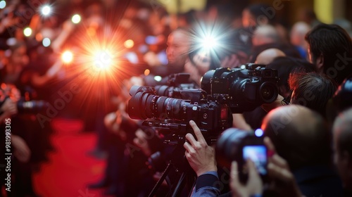 Paparazzi Taking Pictures on Red Carpet at Glamorous Awards Event with Audience