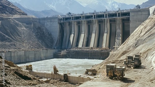 A nearly complete dam with workers inspecting the massive turbines and generators being installed for hydroelectric power generation. The control room structure is visible in the background.