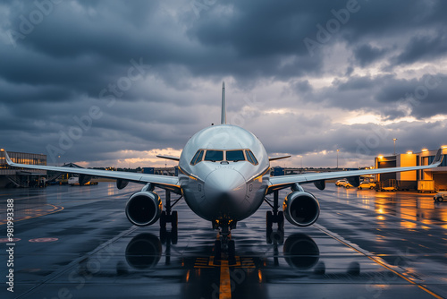 Passenger Airplane on Wet Runway at Dusk.generative AI