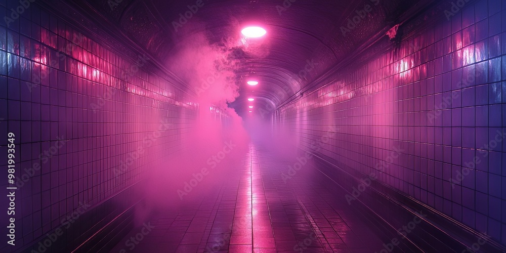 A long, dark hallway with purple and red lights and a lot of smoke A long, dark hallway with purple and red lights and a lot of smoke