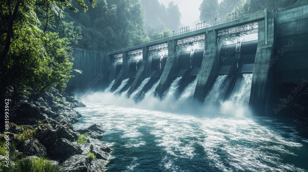 A panoramic view of a large hydroelectric power station, with water rushing through the dam spillways. The plant's futuristic design showcases advanced green energy technology. A panoramic view of a large hydroelectric power station, with water rushing through the dam spillways. The plant's futuristic design showcases advanced green energy technology.