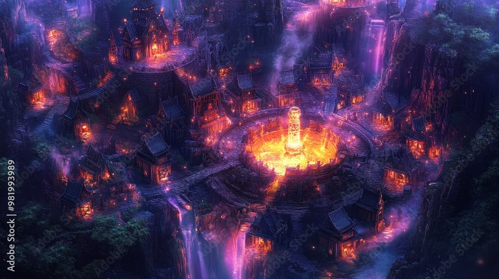 Circular village from a bird's eye view, with enchanted cottages surrounding a glowing magical well, vivid fantasy colors and surreal atmosphere Circular village from a bird's eye view, with enchanted cottages surrounding a glowing magical well, vivid fantasy colors and surreal atmosphere