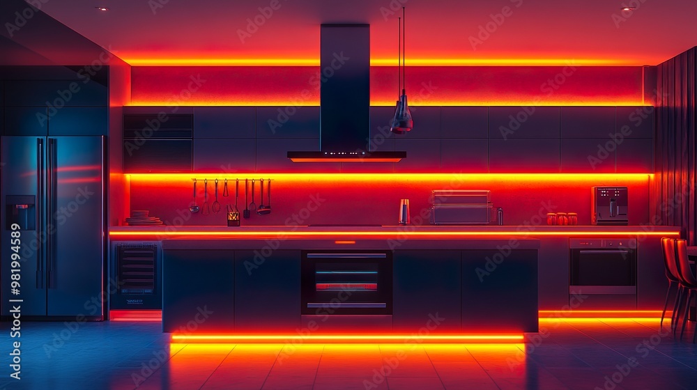 Futuristic Culinary Space with Neon Under Cabinet Illumination and Advanced Appliances Futuristic Culinary Space with Neon Under Cabinet Illumination and Advanced Appliances