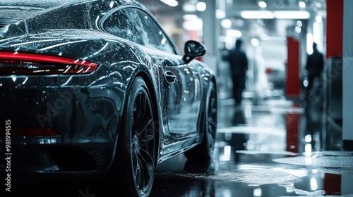 A premium car wash service featuring hand polishing and waxing, where workers in sleek uniforms ensure each car receives a personalized, detailed cleaning.