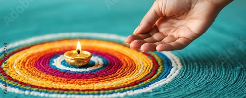 A close-up of a hand placing a diya on a beautifully designed rangoli, hand, diya, rangoli photo