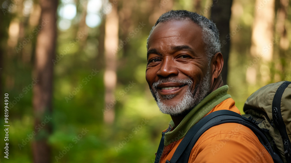 A portrait of a Black man enjoying a hike in the forest, radiating fitness and wellness. This senior gentleman, wearing a backpack, smiles as he embraces the beauty of nature. His expression reflects A portrait of a Black man enjoying a hike in the forest, radiating fitness and wellness. This senior gentleman, wearing a backpack, smiles as he embraces the beauty of nature. His expression reflects