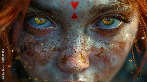 Intense Gaze: Woman with Gold Sparkles and Freckles