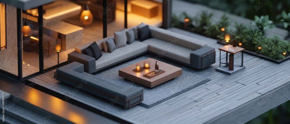 Obraz premium Modern outdoor living space with cozy furniture setup