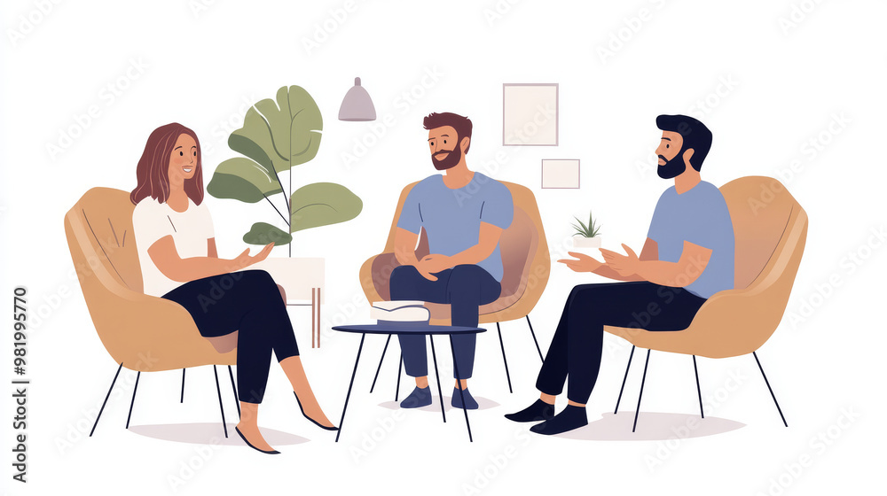 In a group therapy session, a man shares his thoughts and feelings, fostering an atmosphere of support and trust. The participants, a mix of men and women, engage actively with the therapist, creating In a group therapy session, a man shares his thoughts and feelings, fostering an atmosphere of support and trust. The participants, a mix of men and women, engage actively with the therapist, creating
