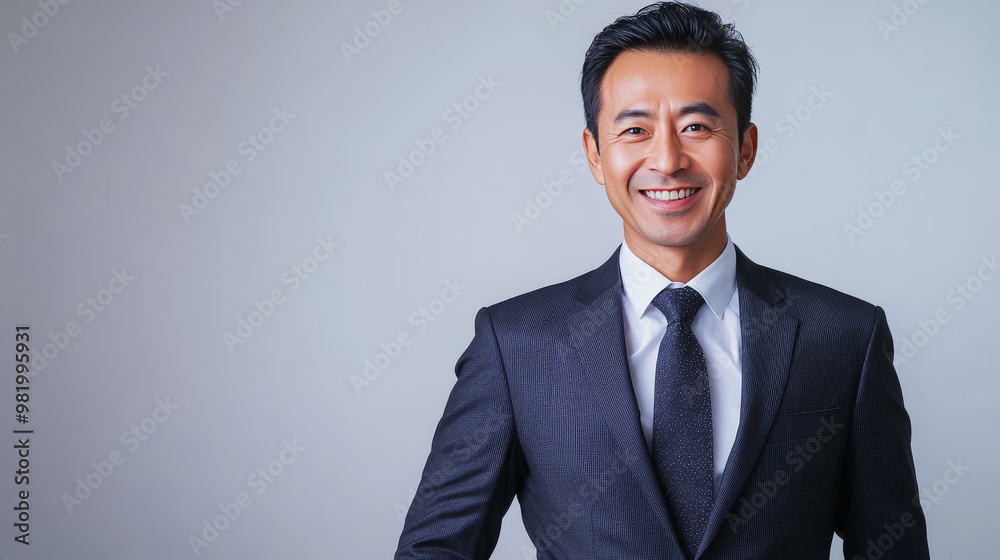 A smiling Asian businessman poses in a studio, showcasing a stylish portrait ideal for corporate branding or CEO fashion. His expression radiates confidence and pride, set against a clean. A smiling Asian businessman poses in a studio, showcasing a stylish portrait ideal for corporate branding or CEO fashion. His expression radiates confidence and pride, set against a clean.