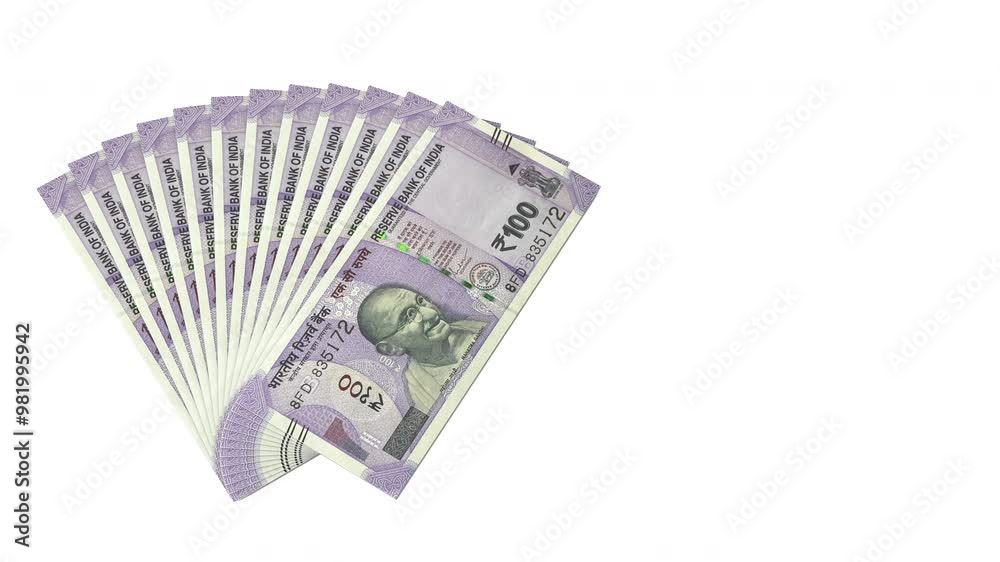 3d Animation showing multiple notes of 100 rupee notes of Indian currency on a clean white background with green screen and alpha matt to remove or replace the background 3d Animation showing multiple notes of 100 rupee notes of Indian currency on a clean white background with green screen and alpha matt to remove or replace the background