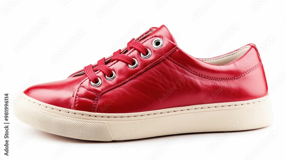 Red leather sneaker with white sole and laces.