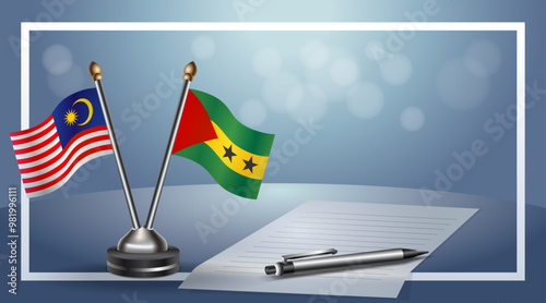Malaysia and Sao Tome and Principe Small national flag on bokeh background, cooperative relationship