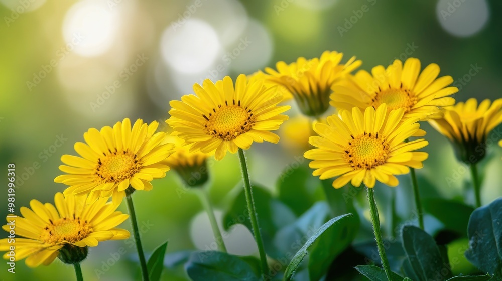 Obraz premium Bright yellow flowers in a lush green setting.
