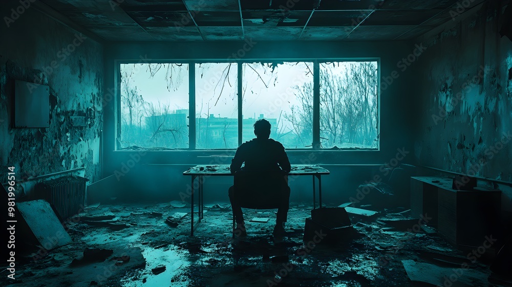 Dust-covered interrogation room, the aftermath of conflict, broken table and shattered floor tiles, a lone survivor stares blankly at the debris Dust-covered interrogation room, the aftermath of conflict, broken table and shattered floor tiles, a lone survivor stares blankly at the debris