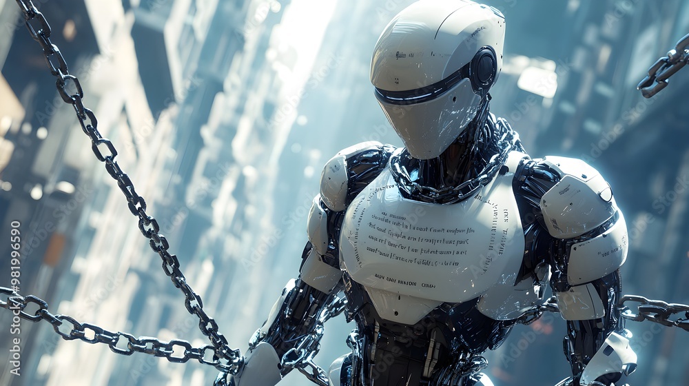 A chrome-plated humanoid robot, entangled in chains engraved with legal jargon, standing alone in a dystopian cityscape, highlighting the weight of law A chrome-plated humanoid robot, entangled in chains engraved with legal jargon, standing alone in a dystopian cityscape, highlighting the weight of law