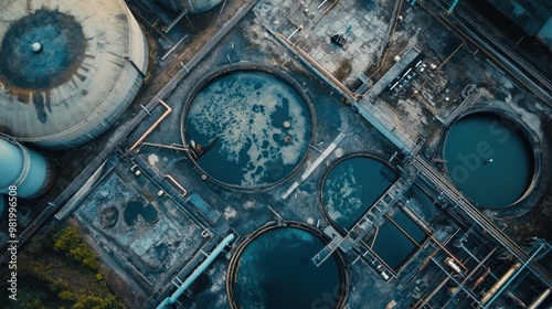 A top-down view of a European Union wastewater treatment plant, focusing on recycling systems for water management, ecology, and environmental sustainability. photo