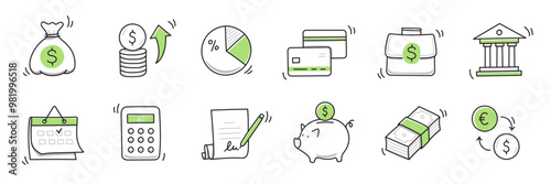 Money finance doodle hand drawn icon set. Finance business, money, bank sketch drawn cute trendy doodle icon. Business bank sketchy calculator, increase economic goal elements. Vector illustration