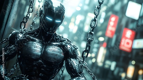 A chrome-plated humanoid robot, entangled in chains engraved with legal jargon, standing alone in a dystopian cityscape, highlighting the weight of law photo