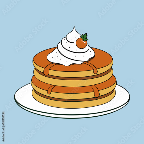 Pancake stack with syrup whipped cream