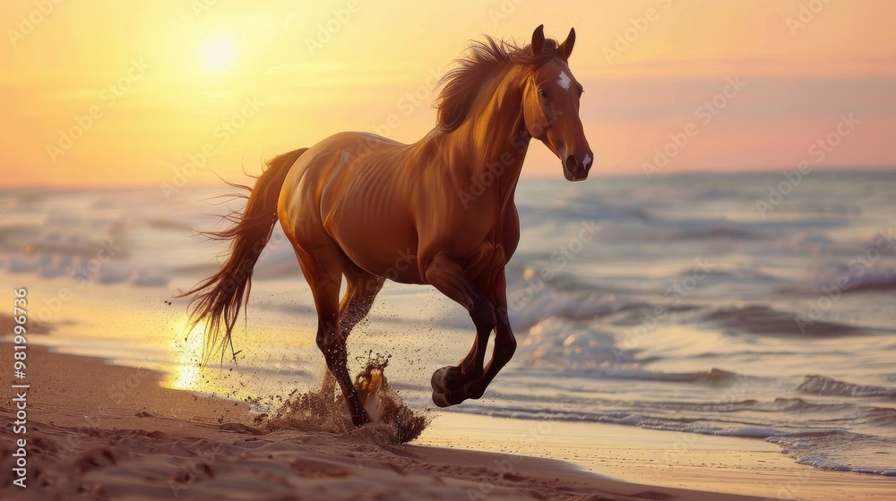 Horse Galloping on Beach at Sunset with Waves in Background Horse Galloping on Beach at Sunset with Waves in Background